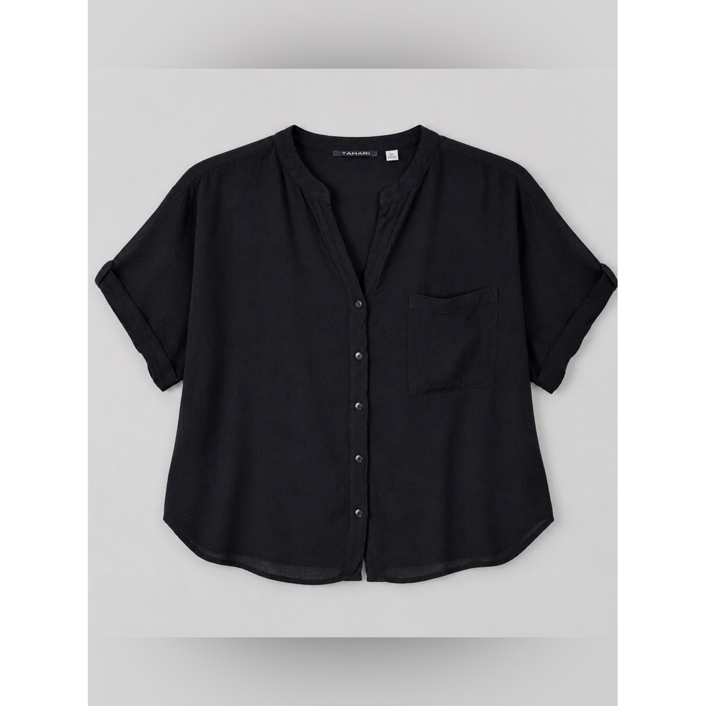 Tahari Black Blouse Top XL Euro Summer Coastal Boxy Flowy Capsule Lagenlook